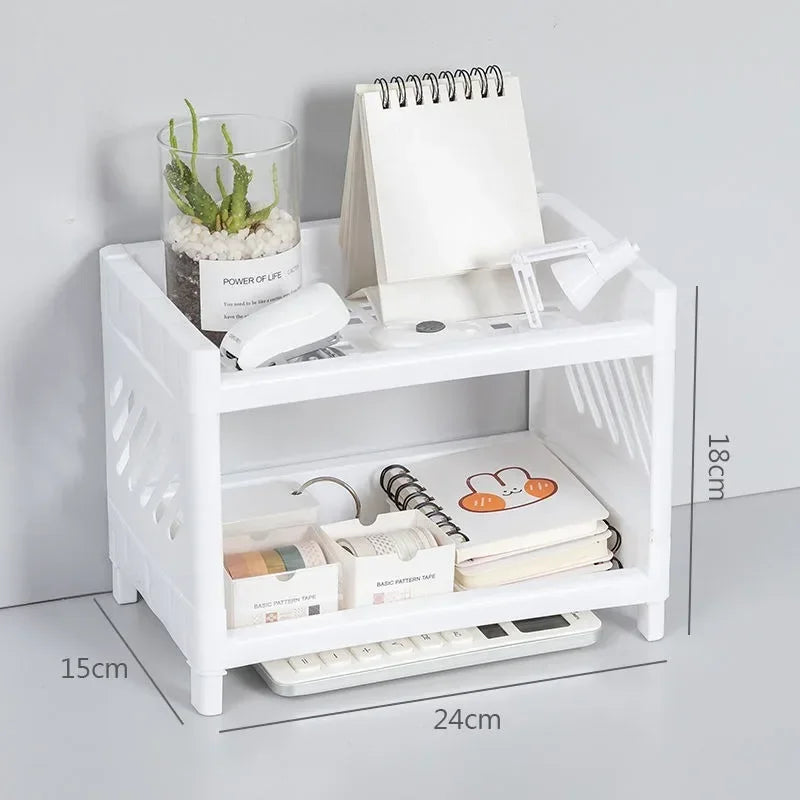 1PC PP Desktop Double Layer Storage Rack Rectangular White Organizing Student Desk Office Cosmetics Stationery