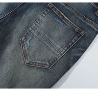 Fashionable new men's jeans with pleated elastic slim fit, retro washed blue jeans, high street designer hip-hop brand pants, ho