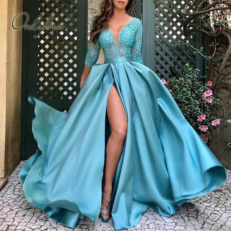 Evening Dress 2023 Length Long Party Dress Elegant Lady Lace Sequin Split Satin Sexy Maxi Evening Dress S-5XL