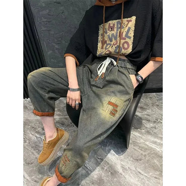 Jeans Set Women Denim Pants Two Piece Set 2025 New Loose Plus size Casual Suit Female Fashion Hooded Printed Jeans Sets