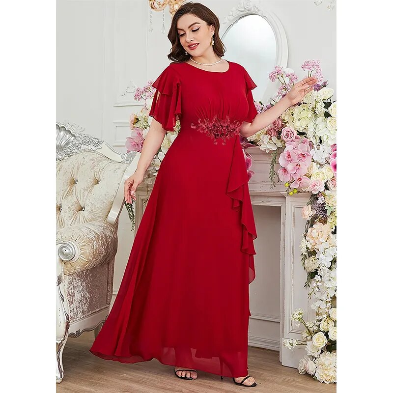 Plus Size Summer Purple Red Chiffon Dress Luxury Wedding Ruffle Applique Plus Size Crew Neck Mixi Dress For Women