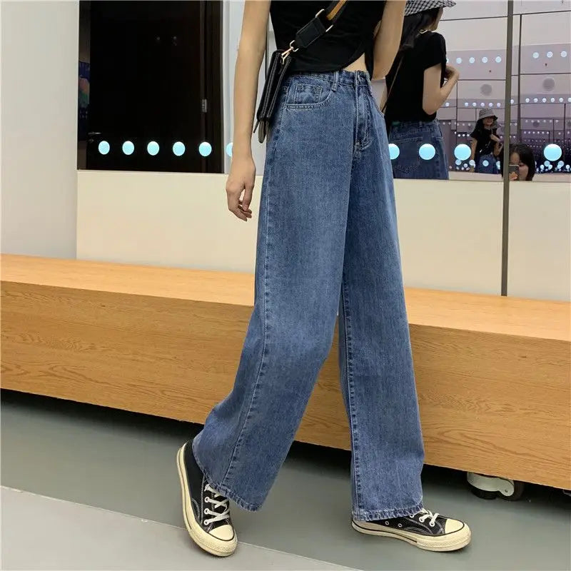 2025 New Wide-leg Jeans for Women, Slim and Versatile Retro Korean Version Loose Student High Waist Straight-tight Dad Pants