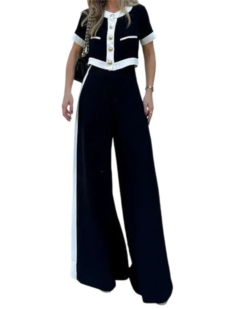 Spring Autumn Women's New Fashion Color Blocked Commuter Short Sleeved Top Straight Leg Pants Set Two Piece Set