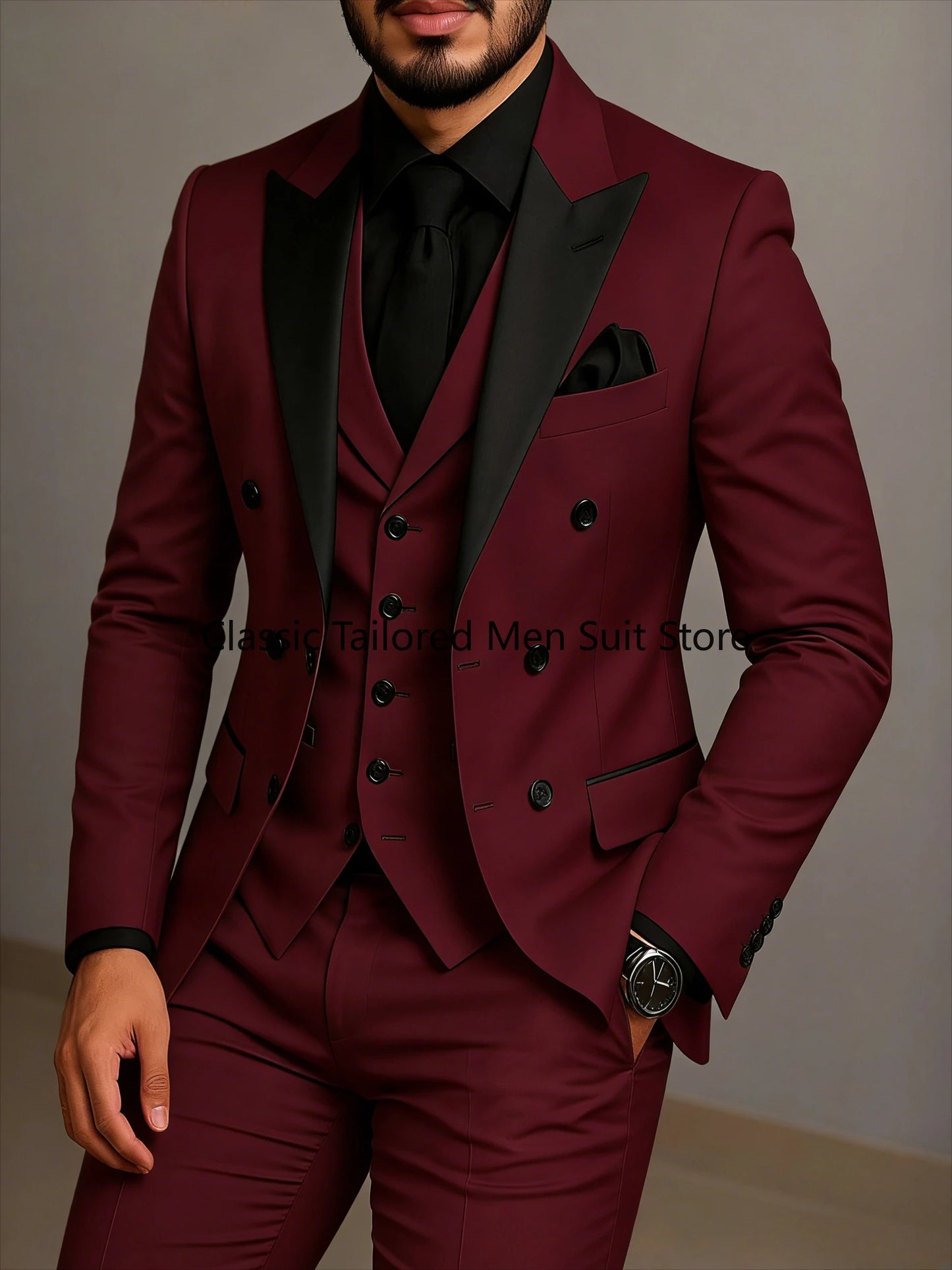 Beige Double Breasted Suit  Black Lapel  Slim Fit Wedding Suit