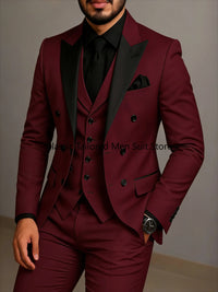 Beige Double Breasted Suit  Black Lapel  Slim Fit Wedding Suit