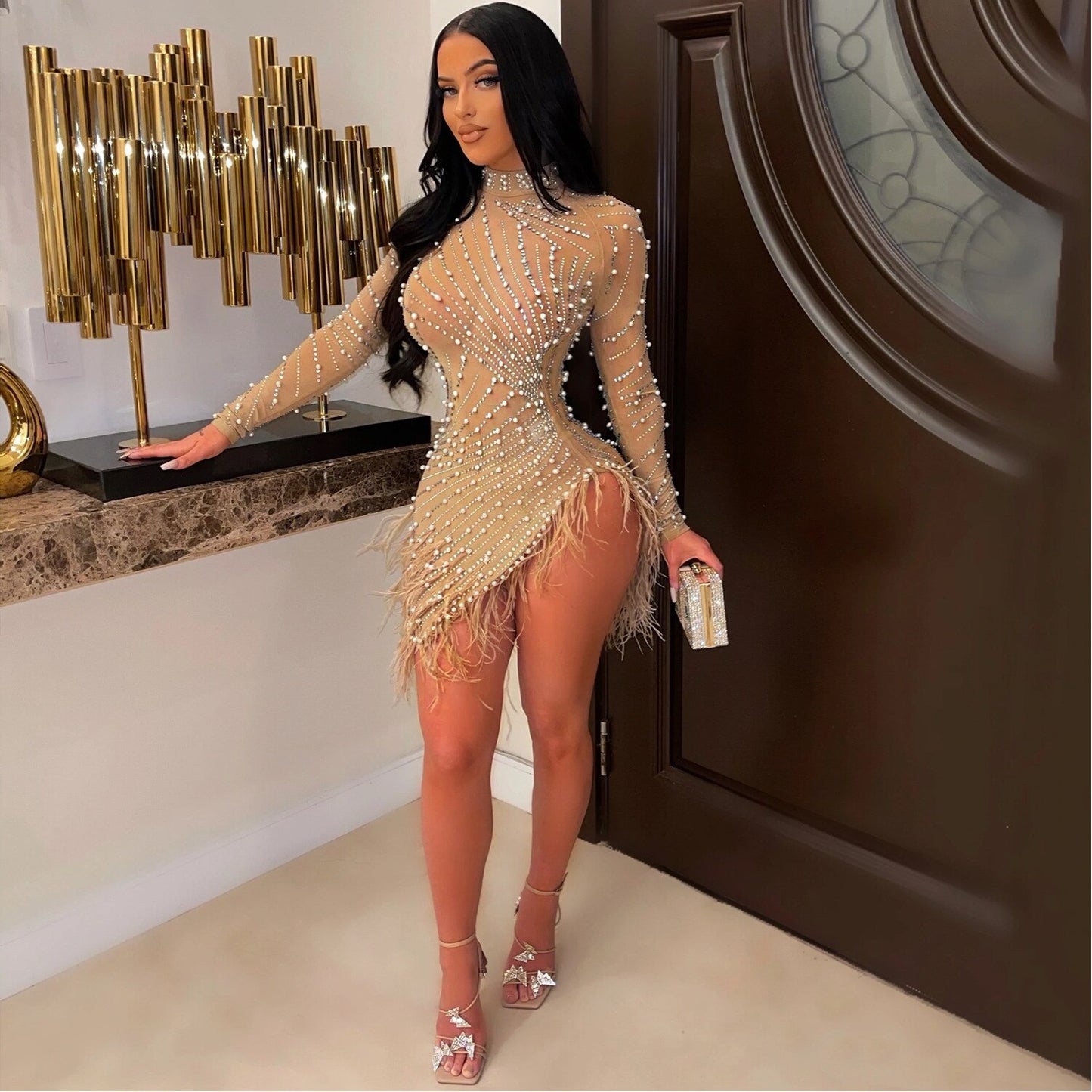 Sexy Glitter Dress Women Rhinestone Hot Drilling Long Sleeve Dress Mesh See Through Tassels Bodycon Party Club Night Mini Dress