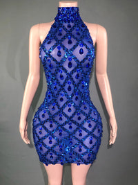 Sparkly Rhinestones Short Dress for Women Sexy Mesh Transparent Celebrate Evening Prom Event Birthday Dress Photo Shoot Wear