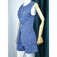 2026 Denim Shorts Suit Women Streetwear Outfits Distressed Top Sleeveless Round Collar Single Breasted Short Pants 2 Piece Sets