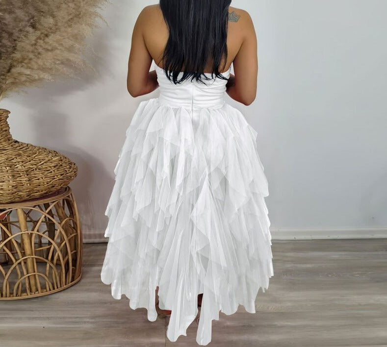 Women Sexy Solid Color See Through Mesh Patchwork Halter Backless Ruffles Decor Party Dress