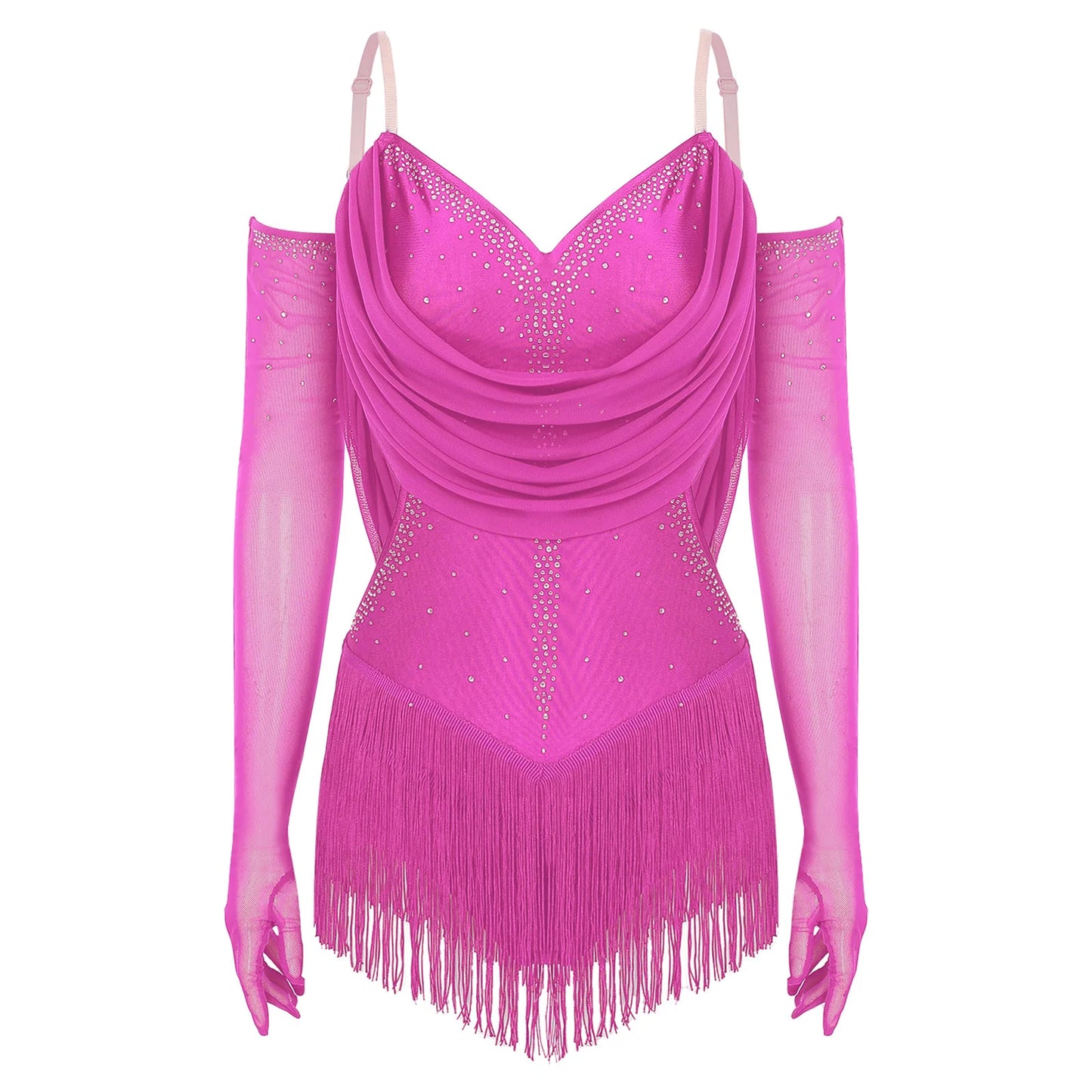 Womens Tassel Latin Rumba Dance Leotard Glittery Cutout Fringed Bodysuit with Gloves Cha-cha Samba Tango Performance Costume