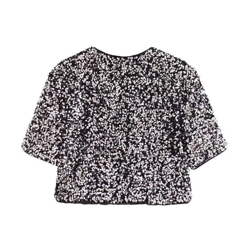 Spring Women Elegant Shirt and Blouse New Fashion Christmas New Year Bow Short Sleeve Dress Sequin Shirt Female Tops