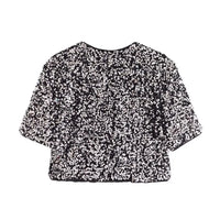 Spring Women Elegant Shirt and Blouse New Fashion Christmas New Year Bow Short Sleeve Dress Sequin Shirt Female Tops