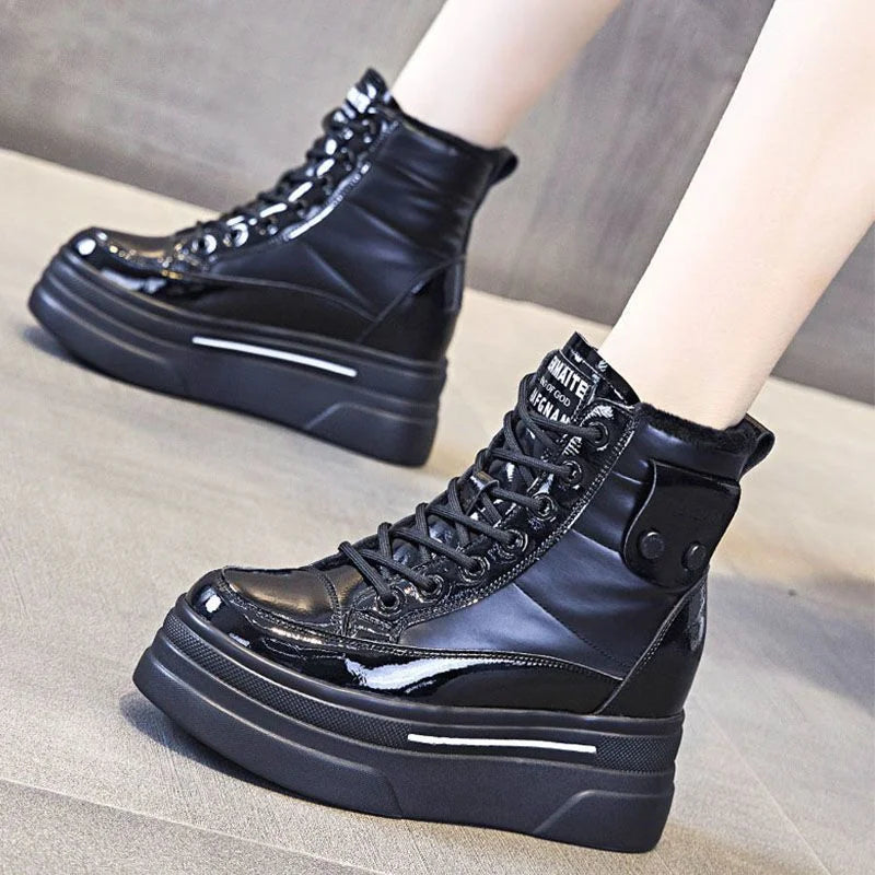 Black Winter 2024 Shoes for Women Leather Boot Snow Boots Woman Chunky Flat Platform Footwear Booties Shoe Warm Low Short Barrel