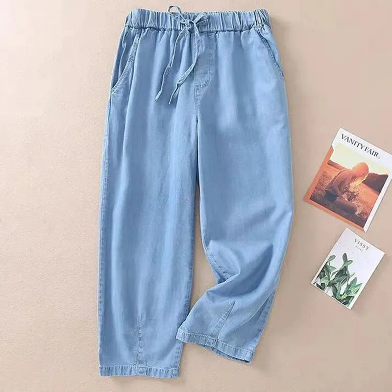 High waisted Jeans For women Summer 2025 New Elastic waisted Loose Washed harem Pants Female Thin Casual Denim Pants With pocket