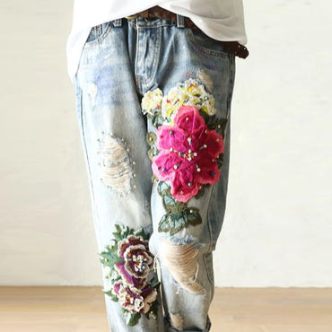 Women Denim Jeans Floral Embroidery Vintage  Straight High Waist  Trousers Pants Fashion Ripped Washed Loose Casual Harem Pants