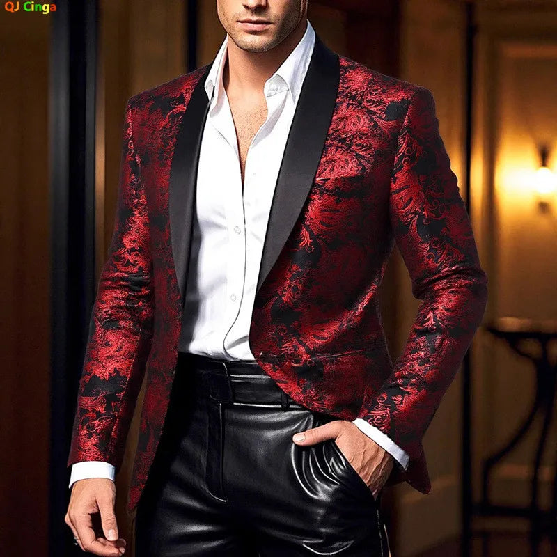 Burgundy Men's Long-sleeved Suit Jacket, Purple Printed Black Collar Single-button Coat, Wedding/Party/Stage Performance Blazers