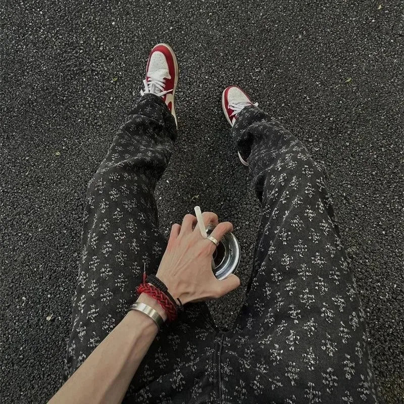 European American Men's Summer Jacquard All-over Printed American Jeans Thin Slim Fit Straight-leg Bootcut Pants