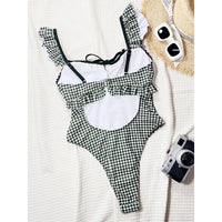 Black White Plaid One Piece Swimsuit 2025 Women Ruffle Front Tie Hollow Backless Bathing Suits Tummy Control Swimwear