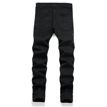 Men Snake Embroidery Jeans Streetwear Black Stretch Denim Pants Holes Ripped Distressed Slim Straight Trousers