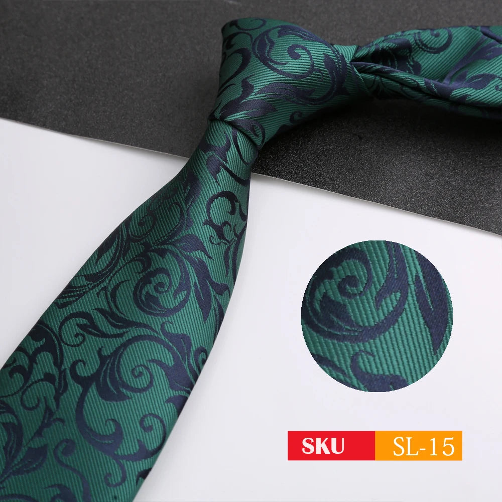 Luxury 8CM Mens Necktie Dark Green Color Dot Plaid Stripes Ties For Man Groom Jacquard Woven Neck Tie For Business Party