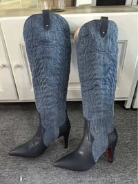 Slip On Winter Long Booties Sexy Pointed Toe Flannel Boats Embroidered Leather Knee-High Boots Women High Heels Designer Style