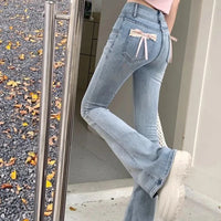 Womens Jeans Lace Denim Pants for Women High Waist Shot Bow Tie Stylish Loosefit Trousers Office Medium Wash 2025 Quality Cool Z