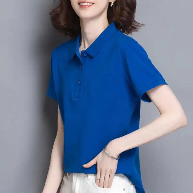 T-shirts Button Red Plain Women's Polo 100℅ Cotton Fashion 2025 Cheap Female Tee Tops Pretty Korean Popular Clothes Synthetic