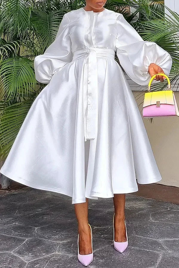 Dress Women Long Dresses A Line Round Neck White Lantern Sleeve Casual High Waist Lace Up Elegant Party Night Maxi Vestidos