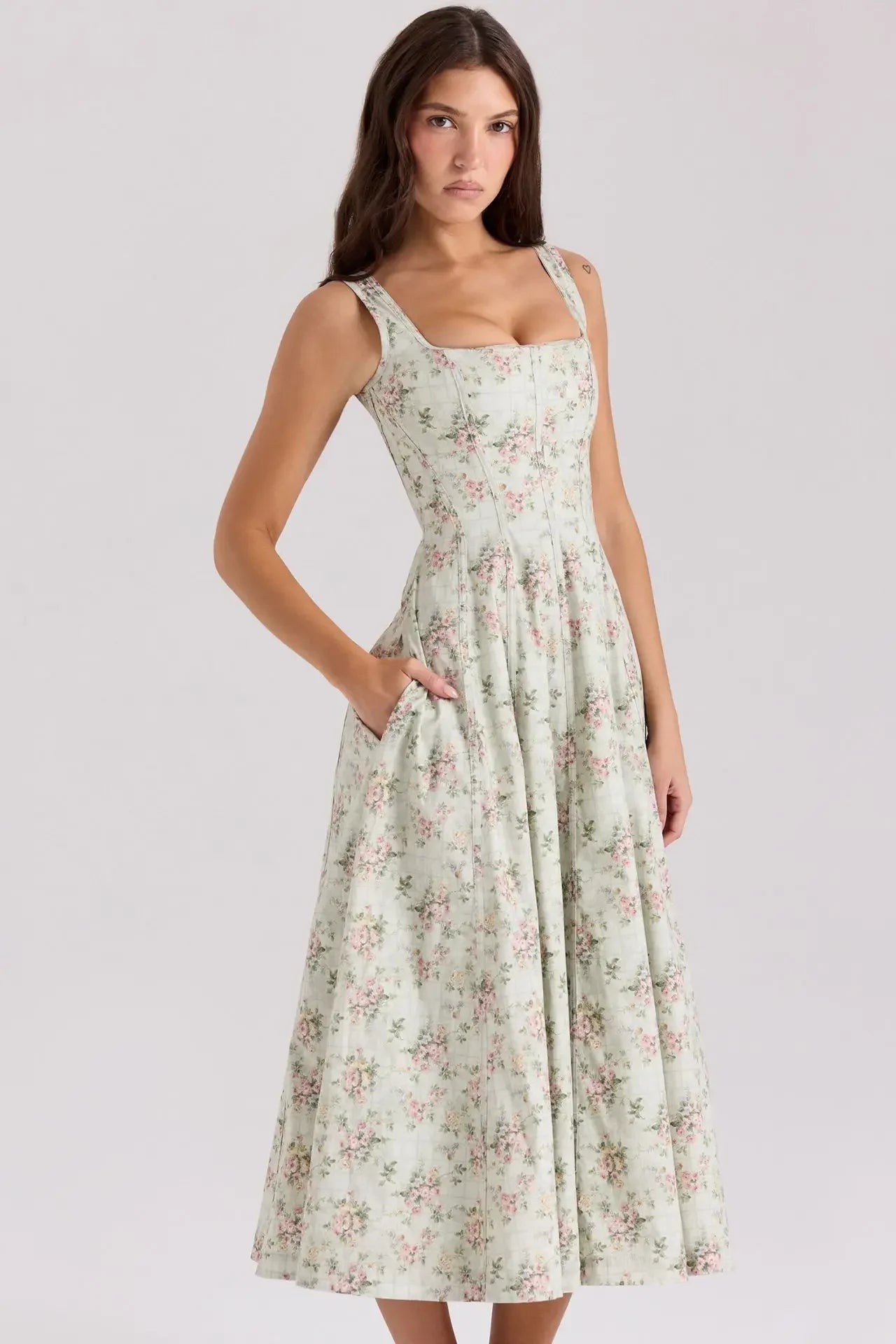 Summer Elegant Lace Up Dress 2025 New Arrivals Floral Print Midi Dress Women Sexy Corset Dress for Holiday Birthday