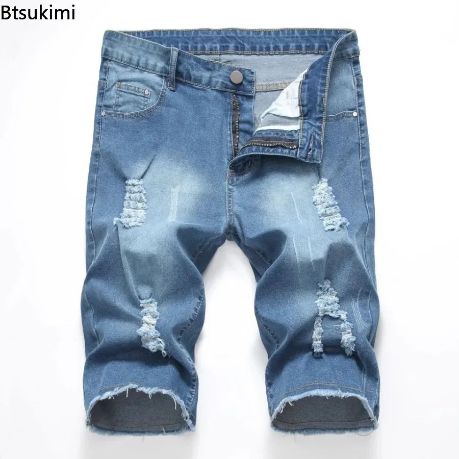 2026 New Denim Shorts for Men Fashion Casual Stretch Straight Short Jeans Men Summer Trend Holes Slim Fit Cowboy Short Trousers