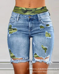 Fake Two-Piece Patchwork Cutout Ripped Jeans Women Ankle Length Fashion Casual High Waist Pencil Pants Denim