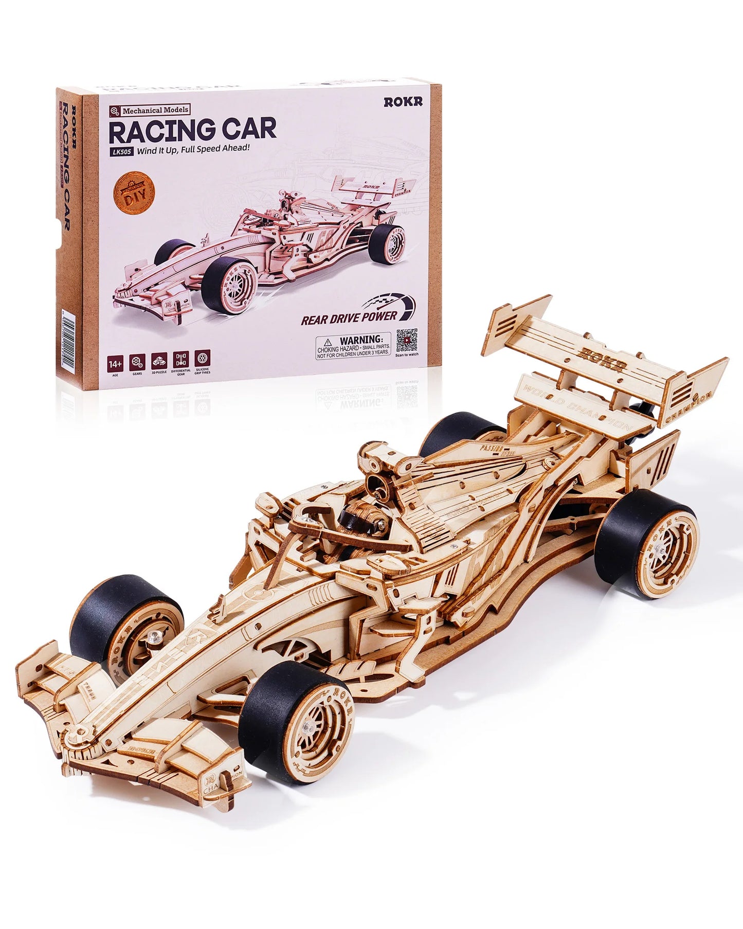 Robotime Rokr 3D Wooden Racing Car Puzzle DIY Model Kit for Adults & Teens, Mechanical Roaring Engine, 8-10M Forward Movement