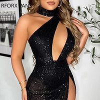 Women Solid Halter Cold Shoulder Sequins High Silt Asymmetrical Bodycon Sexy Maxi Party Black Dress