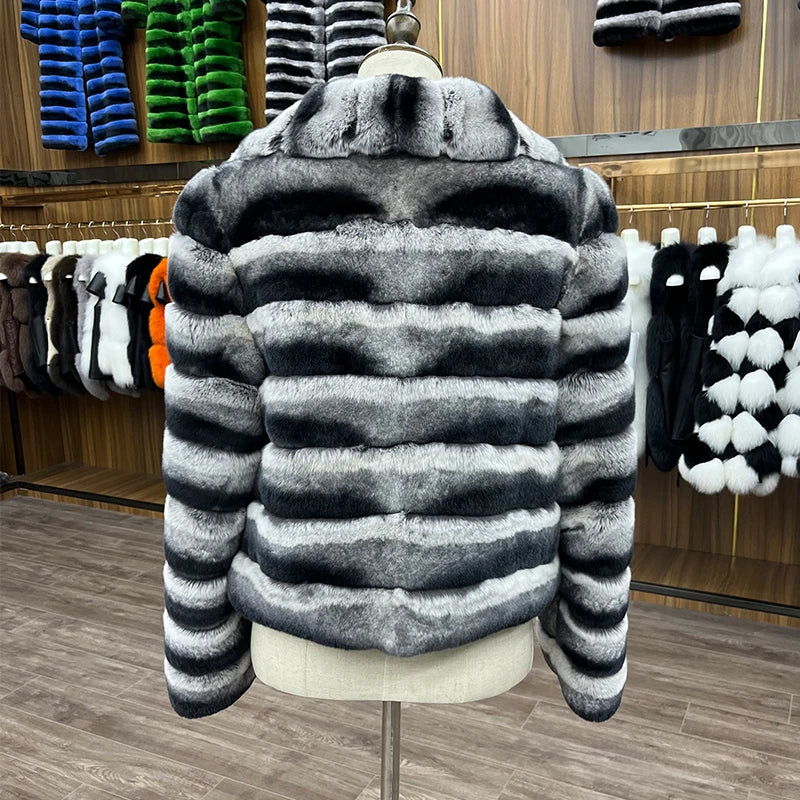 2023 New Fashion Winter Women Chinchilla Full Pelt Fur Short Coat Real Rex Rabbit Fur Warm Thick Luxury Outwear Female Jacket