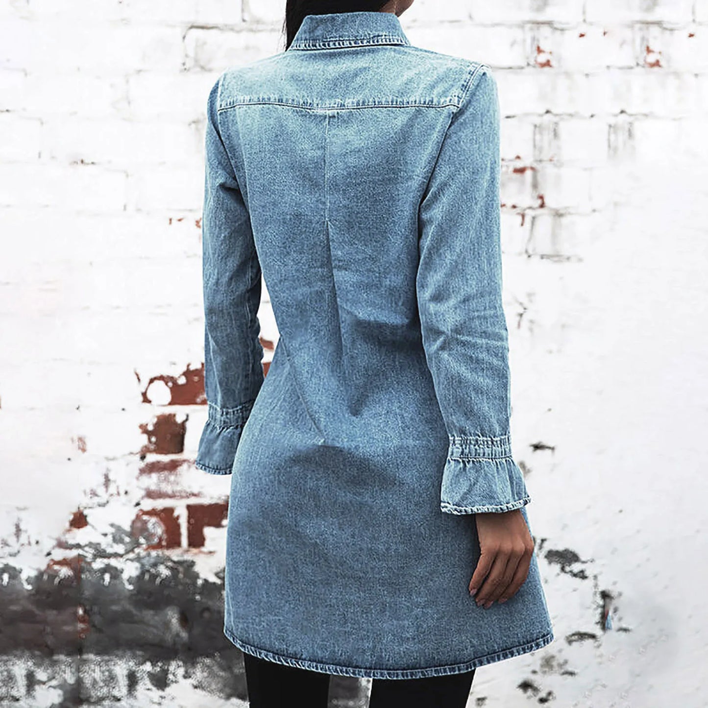 Women's Denim Party Dresses Casual Turndown Neck Long Sleeve Dress Soil Color Lapel Pocket Ladies Denim Short Dresses 2023