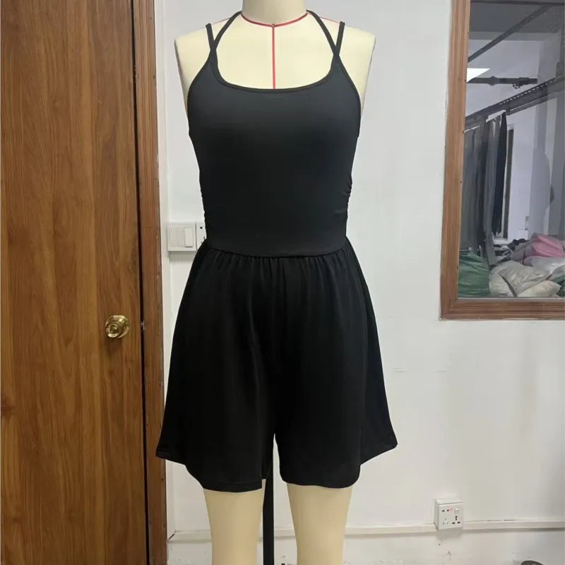 Spring And Summer Women's Fashionable Sleeveless Jumpsuit, Casual Adjustable Shoulder Strap Pleated Slim Short Jumpsuit