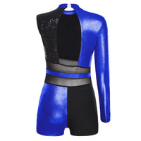 Womens Jazz Latin Dance Leotard Boyshort Asymmetrical Glittery Sequins Metallic Shiny Bodysuit Chacha Ballet Ballroom Dancewear