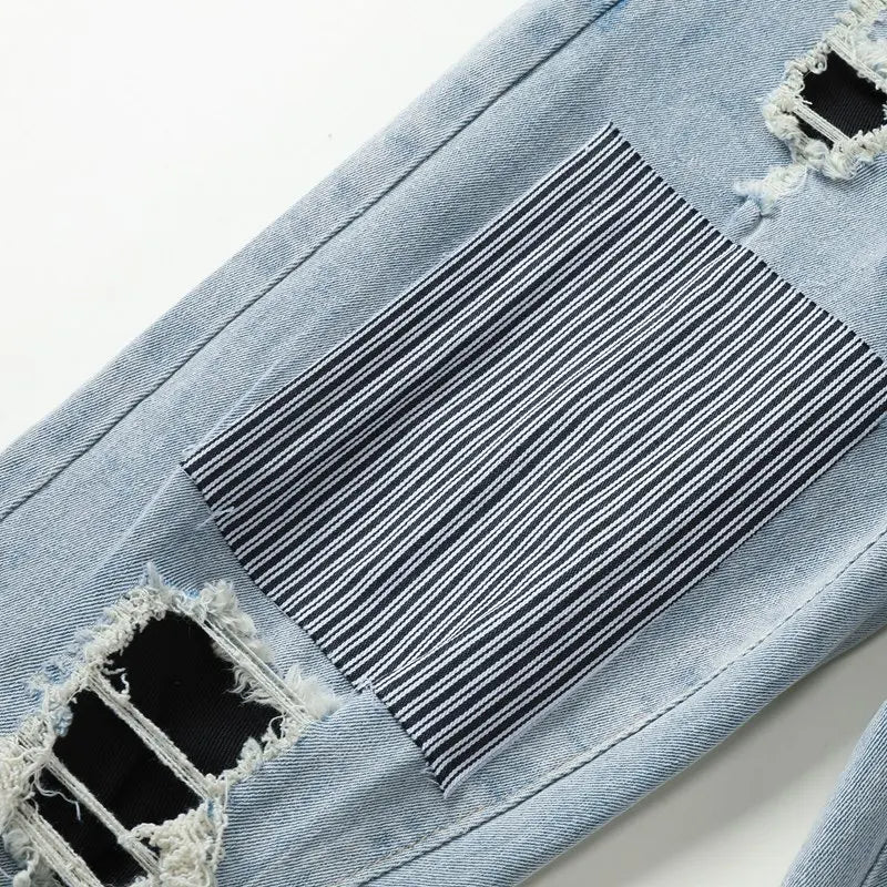 Men Pleated Patch High Stretch Denim Jeans Streetwear Vintage Blue Grey Skinny Tapered Biker Pants Ripped Distressed Trousers