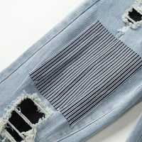 Men Pleated Patch High Stretch Denim Jeans Streetwear Vintage Blue Grey Skinny Tapered Biker Pants Ripped Distressed Trousers