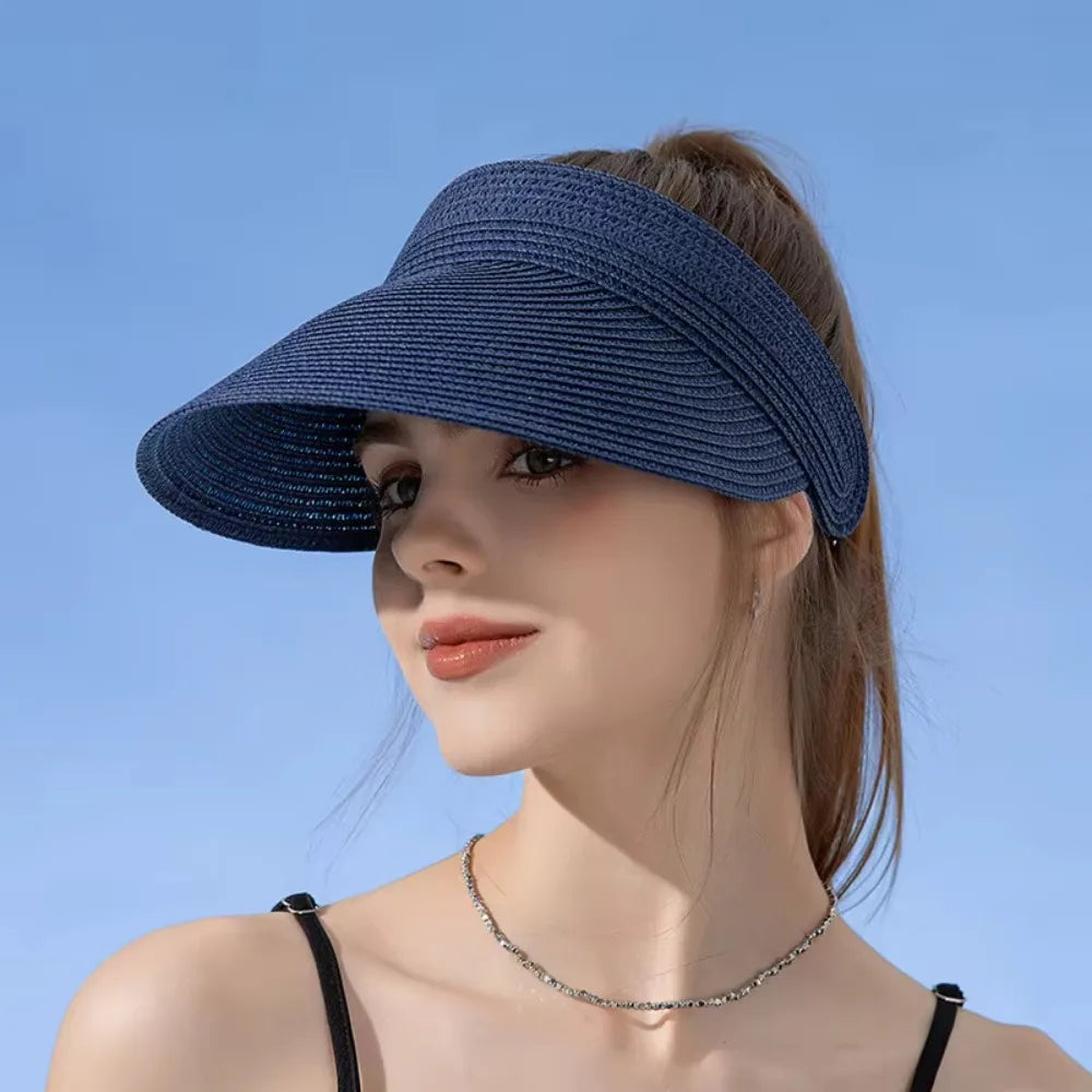 New High Quality UPF50+ Wide Brim Visor Hat for Women Straw Beach Sun Visor Foldable Ponytail with UV Protection Summer Anti-UV