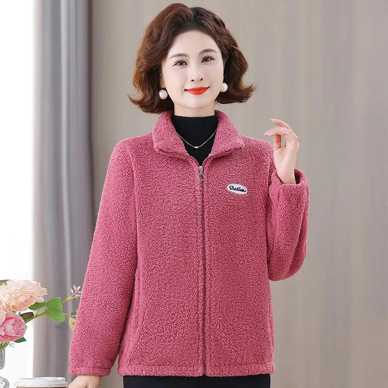 Winter Mother's Attire New Jacket Middle-Aged And Elderly Women's Fleece-Lined Woolen Sweatshirt Warm  Stand Collar Top
