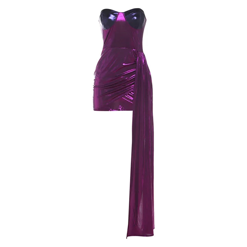 2025 Autumn New Sexy Spice Ice Silk Splicing Tube Top Irregular Hip Wrap Dress Women's Nightclub Mini Purple