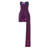 2025 Autumn New Sexy Spice Ice Silk Splicing Tube Top Irregular Hip Wrap Dress Women's Nightclub Mini Purple