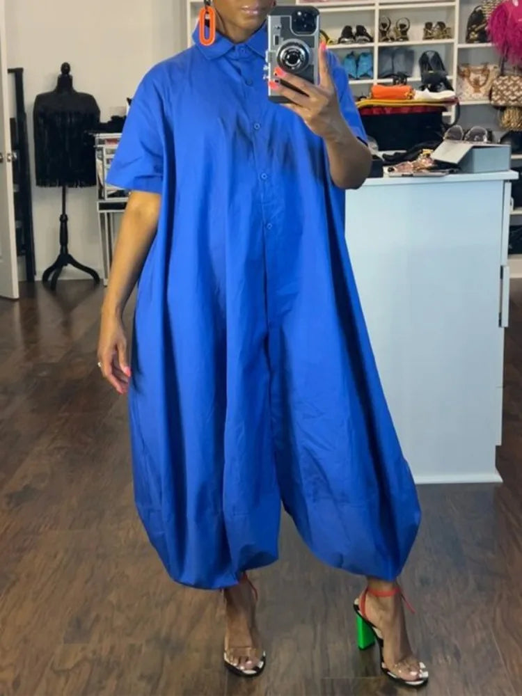 Onecozyday Women's Summer Loose Fit Jumpsuit Solid Color Lapel Collar Short Sleeves Buttoned Playsuit Casual Streetwear Romper