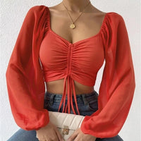 Sexy Mesh Lantern Sleeves Drawstring Wrap Chest Bare Midriff T Shirt Women Long Sleeves Bottoming Shirt Ladies Tee Shirt Tops