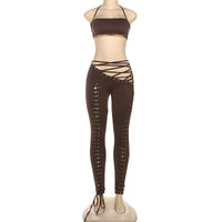 FAGADOER Sexy Bandage Patchwork 2 Piece Sets Woman Outfit Halter Sleeveless Crop Tops and Pants Matching Suit Female Streetwear