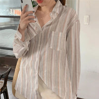 MEXZT Vintage Striped Shirts Women Korean Fashion Simple Long Sleeve Turn Down Collar Blouse Office Lady Casual Loose Thin Tops