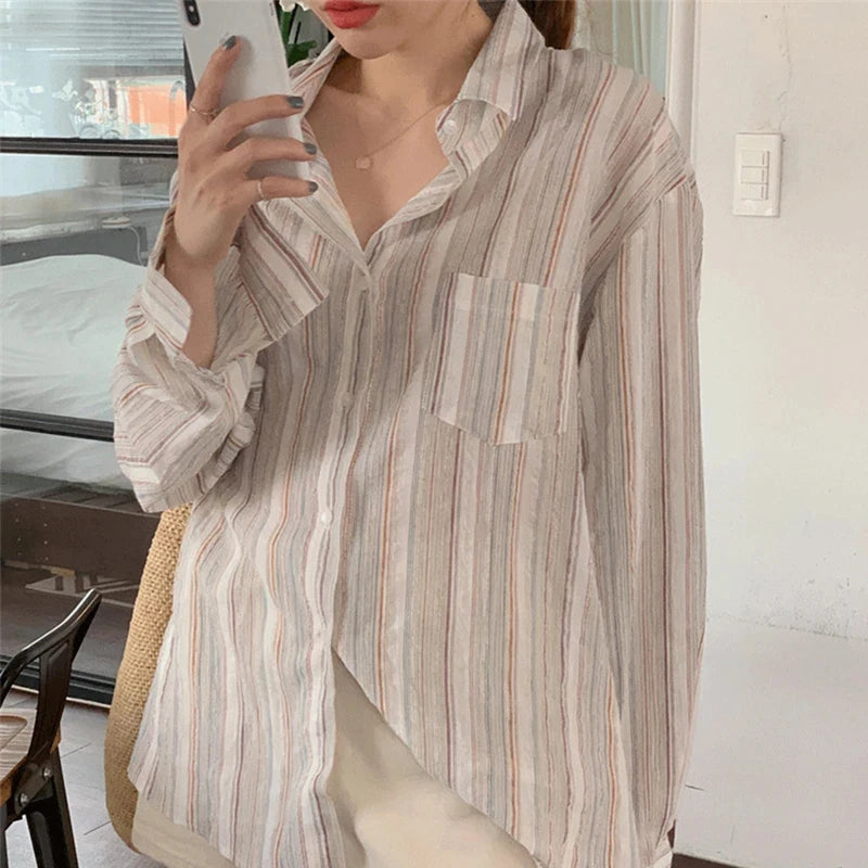 MEXZT Vintage Striped Shirts Women Korean Fashion Simple Long Sleeve Turn Down Collar Blouse Office Lady Casual Loose Thin Tops