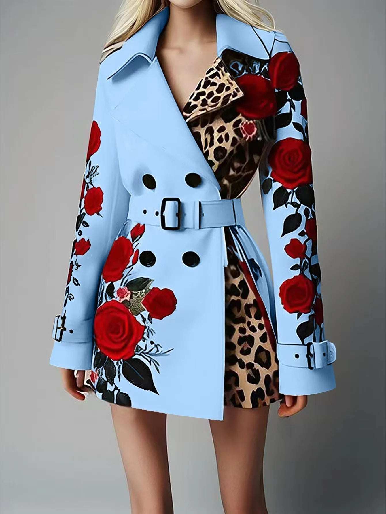 Women New Long Sleeve Floral Flower Printed Office Coat Double Button Belt Lapel Collar High Waist Jacket