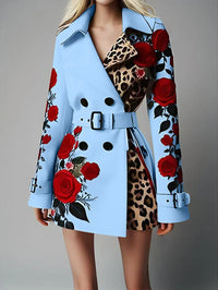 Women New Long Sleeve Floral Flower Printed Office Coat Double Button Belt Lapel Collar High Waist Jacket